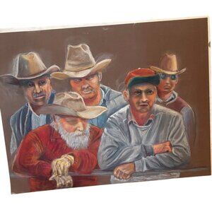 Vintage Western Cowboy Portrait Art Print pastels southwestern hat brown blue RE
